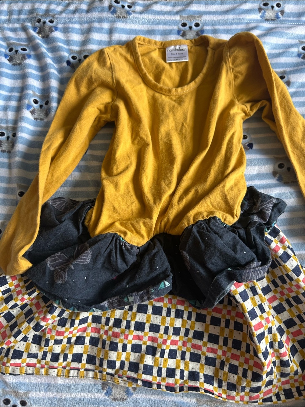 Mustard Yellow Long Sleeve Dress with Patterned Skirt